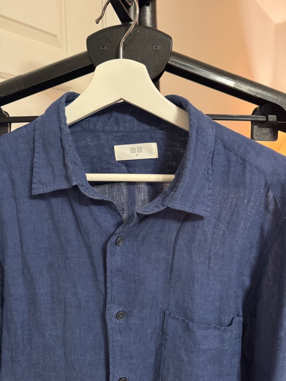 UNIQLO Men's Navy Blue Linen-Blend Button-Up Shirt